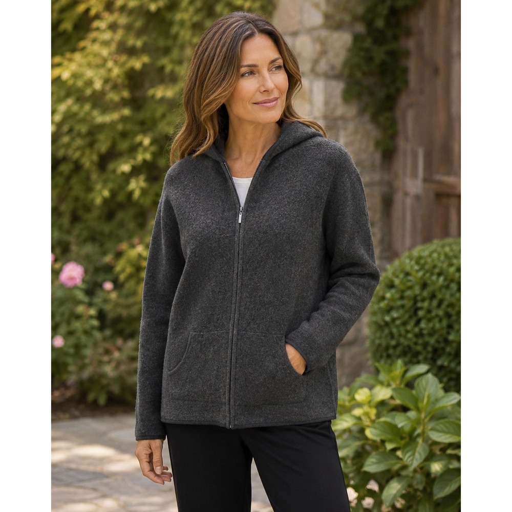 Eileen Fisher Womens L Gray Lambswool Cotton Hooded Full Zip Jacket Cardigan